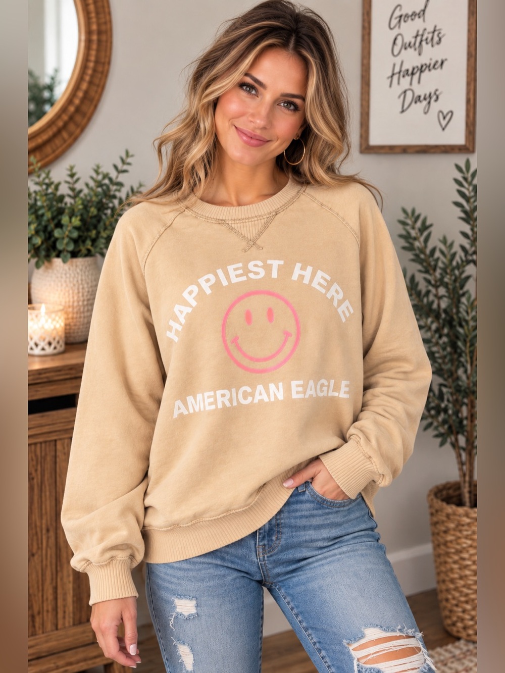 American Eagle Happiest Here Smiley Lived-In Sweatshirt Tan Small A36